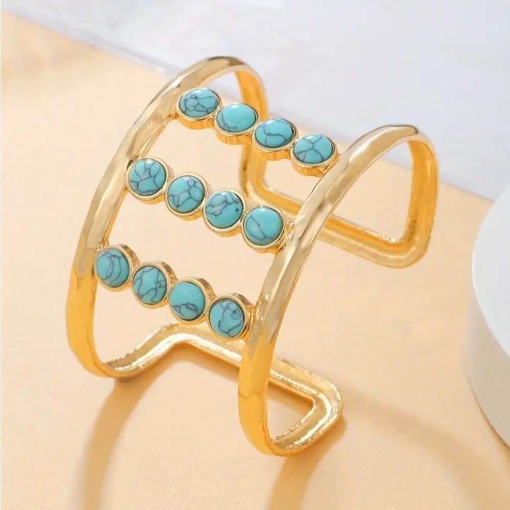 Hand crafted Hollow Out Cuff Bangle BraceletโInlaid Turquoise